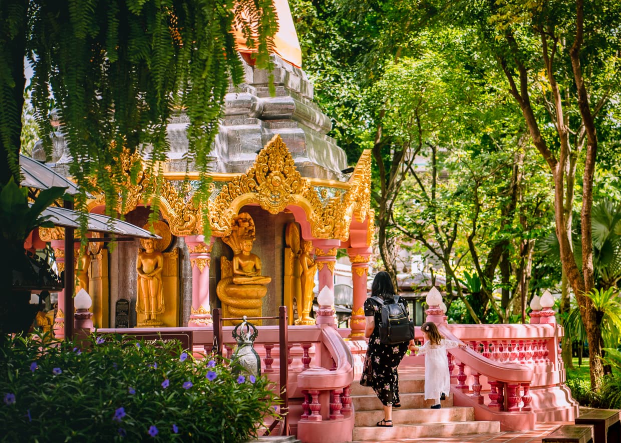 Approaching a Buddhist shrine in Bangkok, Thailand.