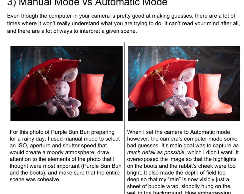 An excerpt from Easy Manual Mode Photography E-book by Jacob Littlefield demonstrating the difference between automatic and manual mode.
