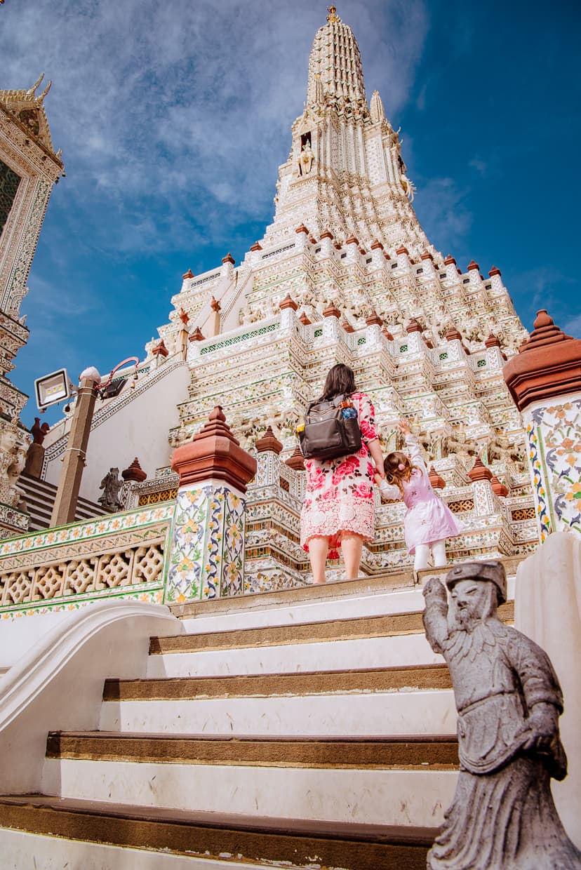 The tall spire of Wat Arun in Bangkok, Thailand.