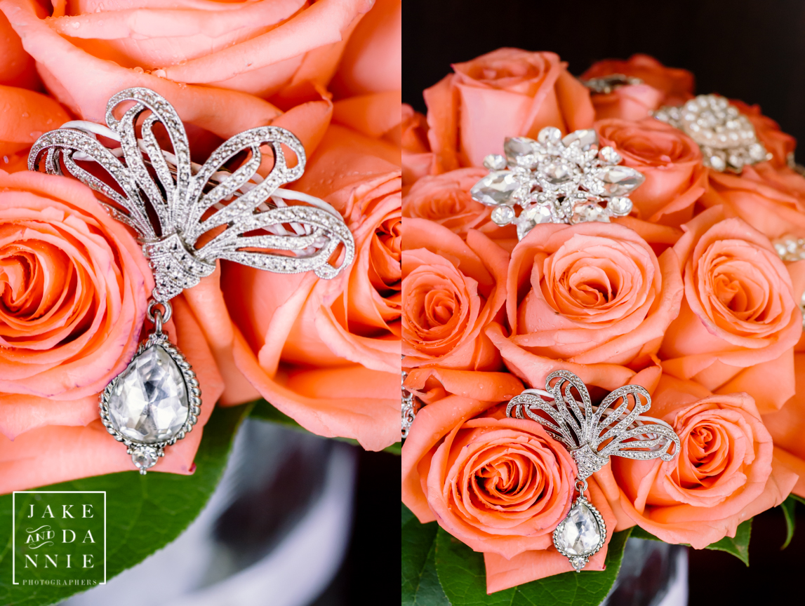 Some of the bride's jewlery displayed on her boquet before the wedding