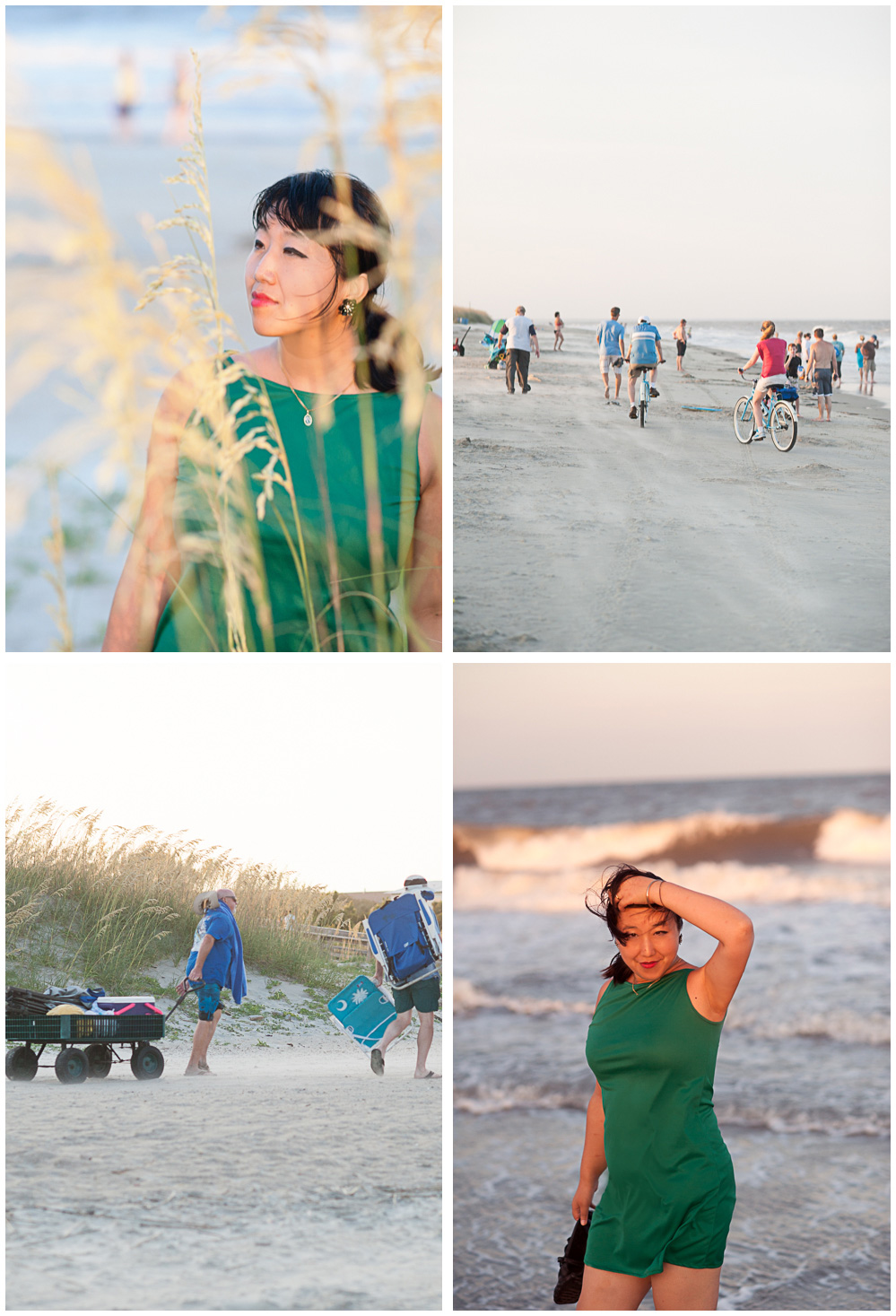Four photos of Dannie exploring the beach on Tybee Island before sunset