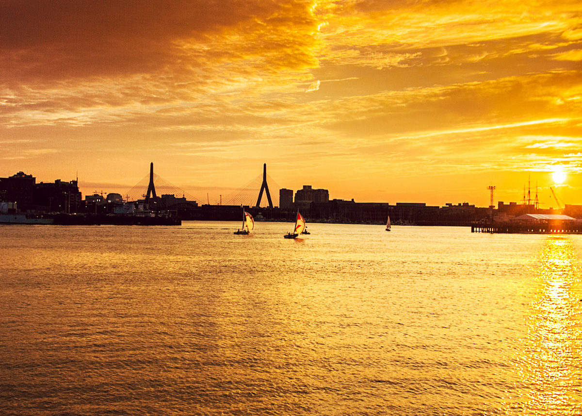 Golden sunset at the Boston Harbor