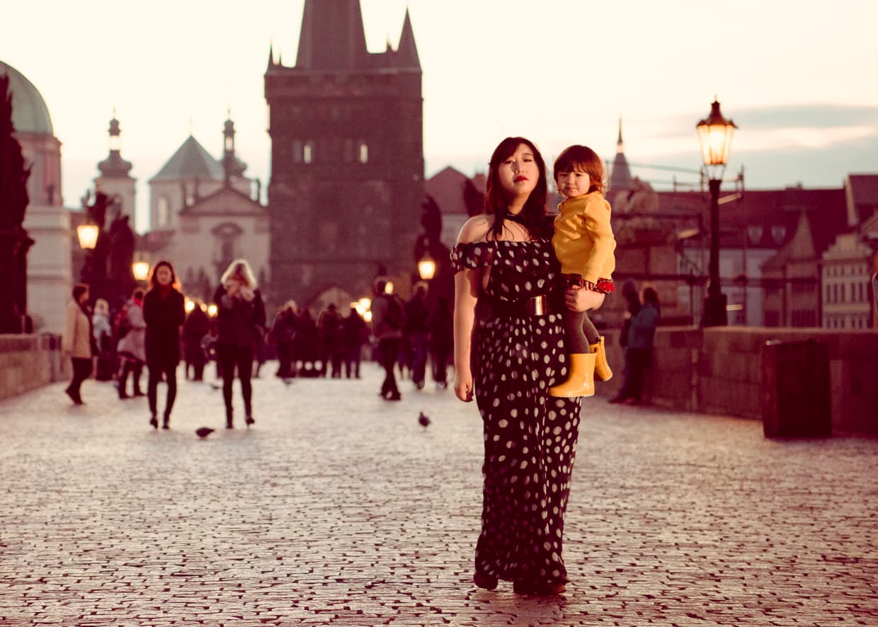 Tourists on the Charles Bridge in Prague, Czech Republic.
