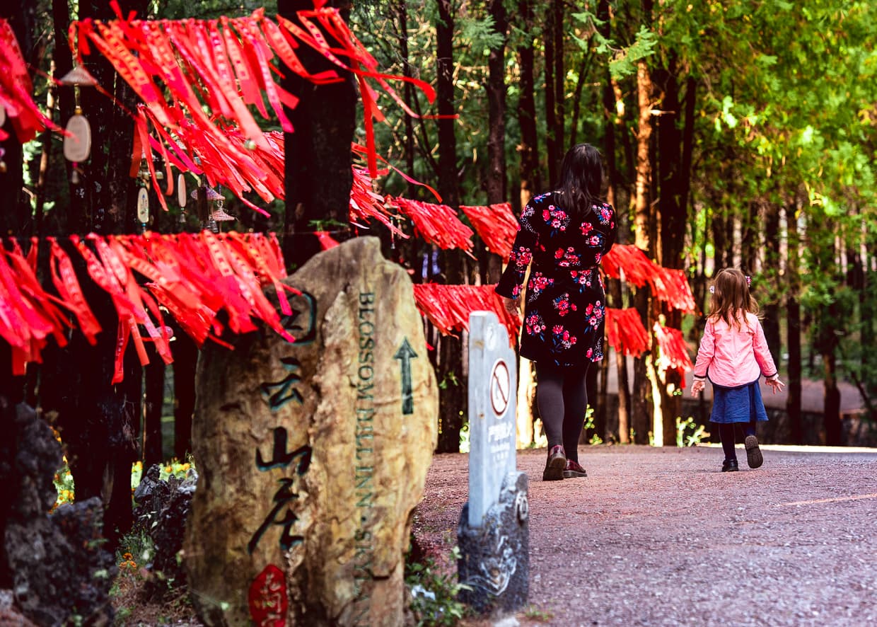 Red ribbons on a string on Lion Hill in Lijiang.