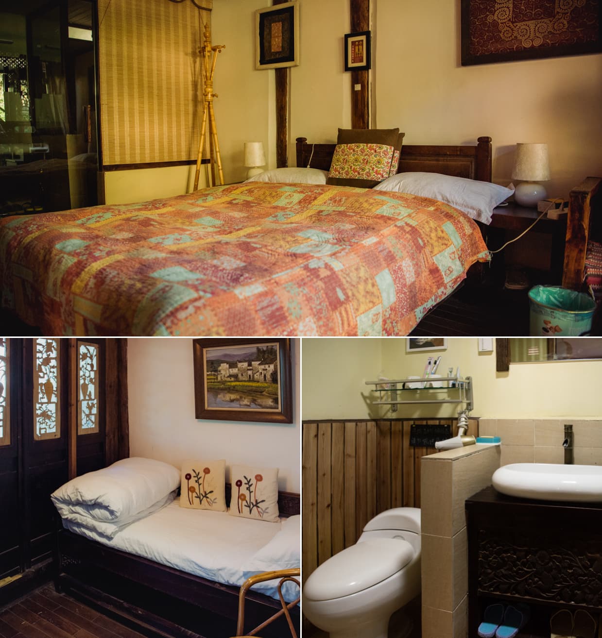 Our Shuhe Hotel: Beds and bathroom.