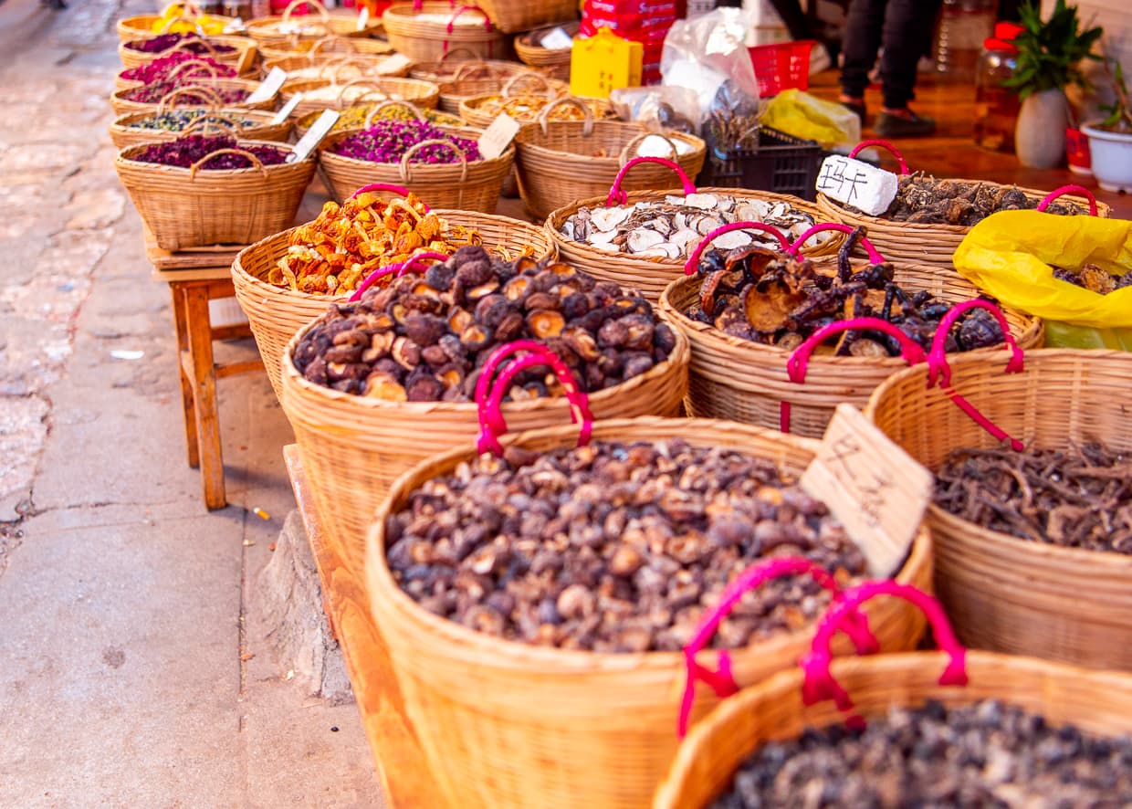 Dried mushrooms in the Lijiang Old Town.