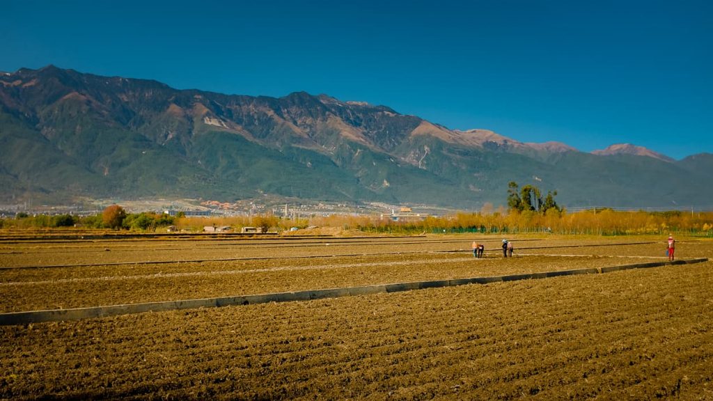 Farms in front of the Cangshan mountains in Dali, China.