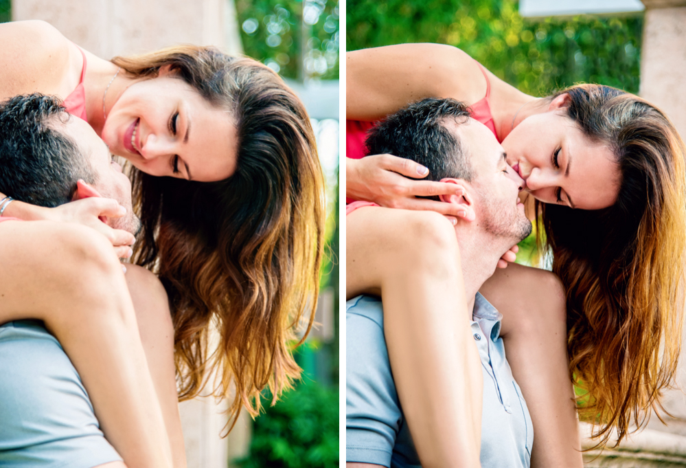 Young woman goes for a ride on her fiance's shoulders