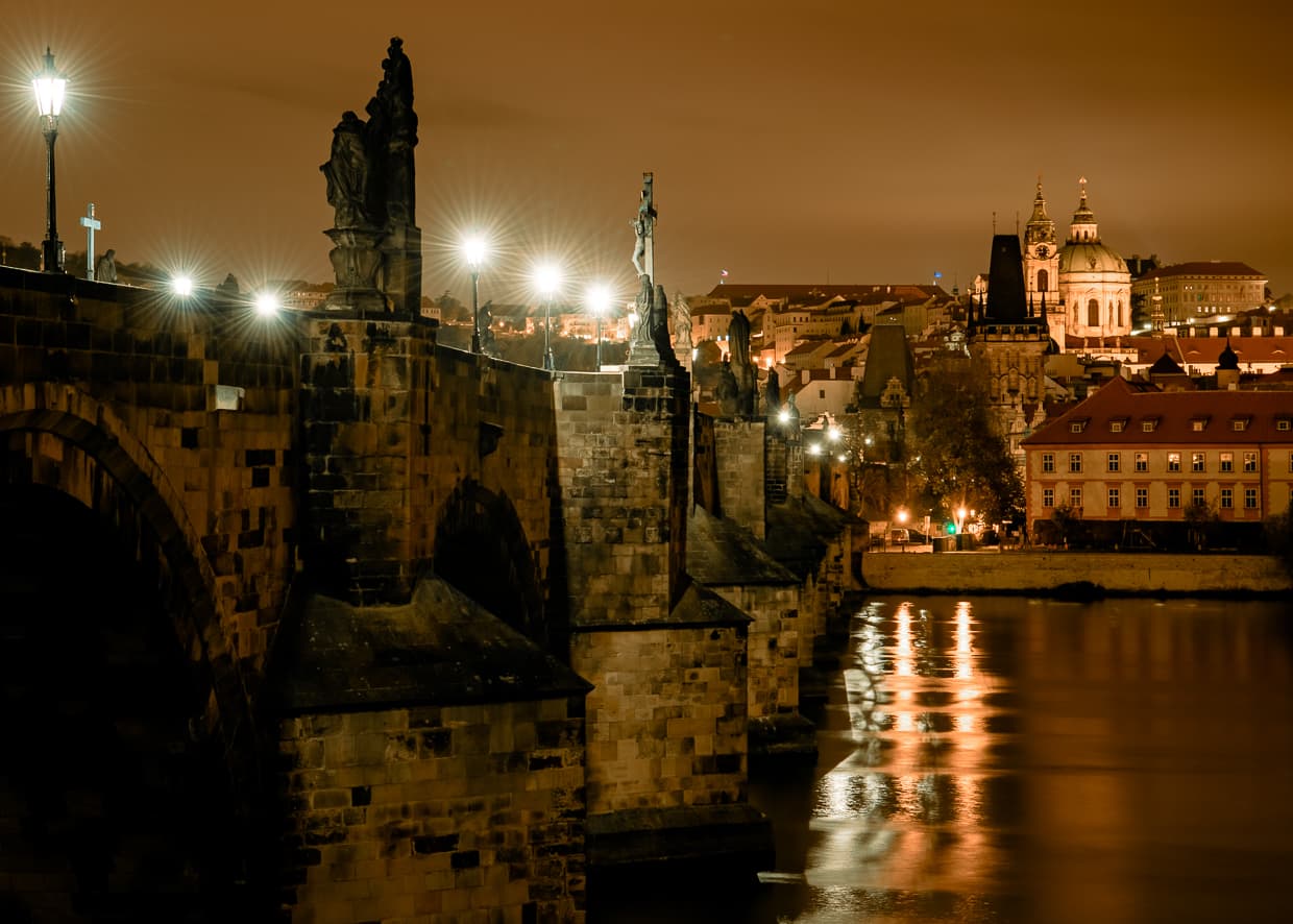 The Charles Bridge at night in Prague, Czech Republic.