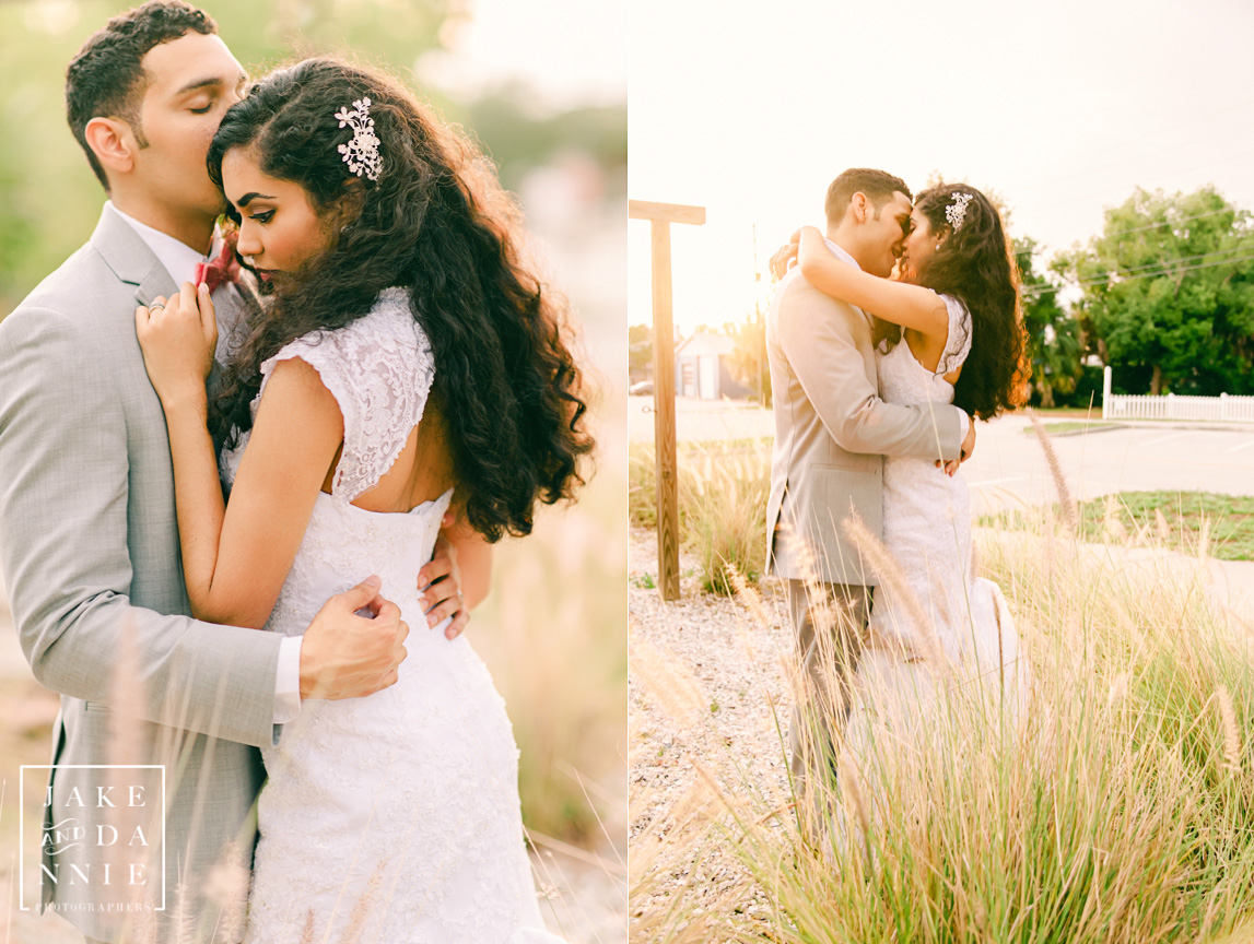 A romantic wedding moment at sunset.