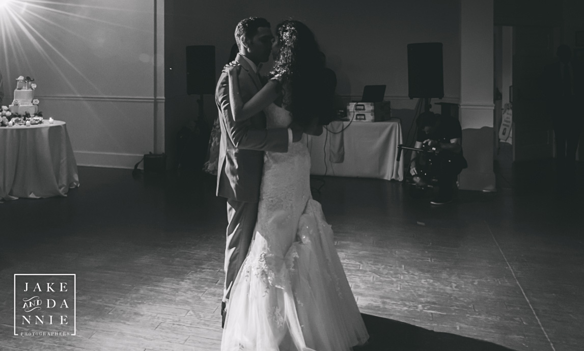 Black and white of the first dance at a beautiful Florida wedding.