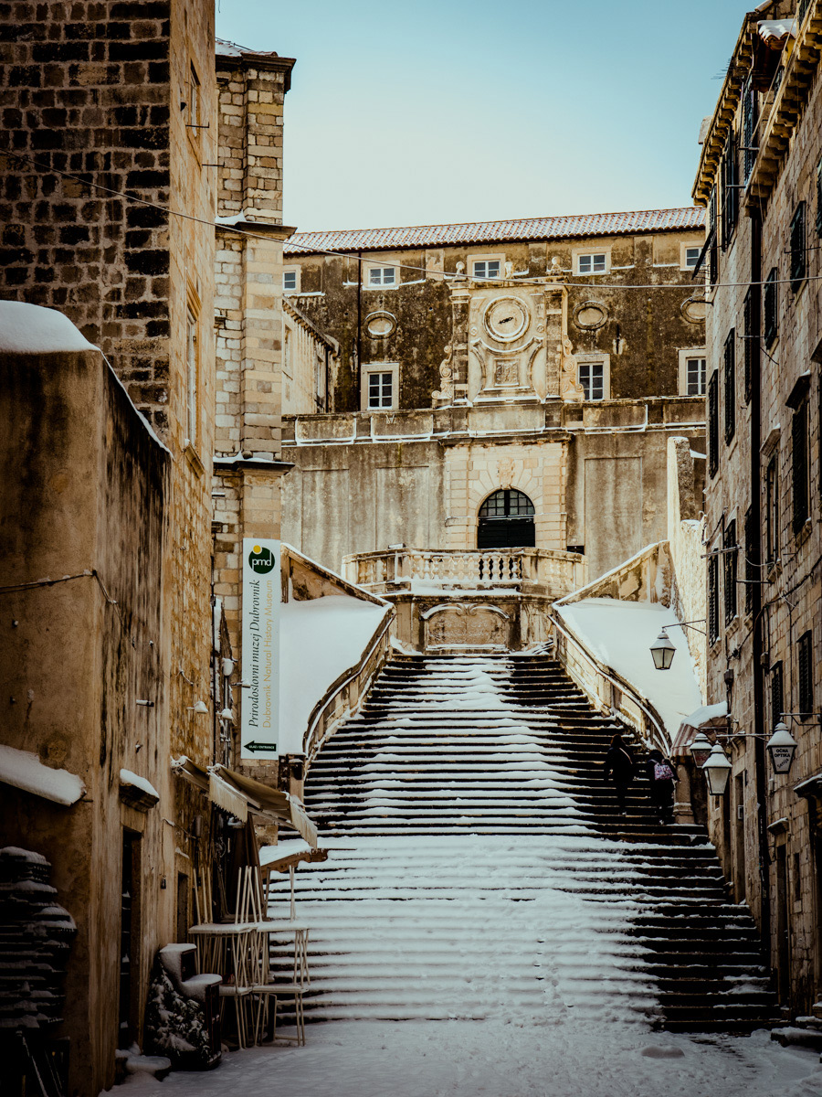 Winter snow on stone stairs in Dubrovnik Croatia
