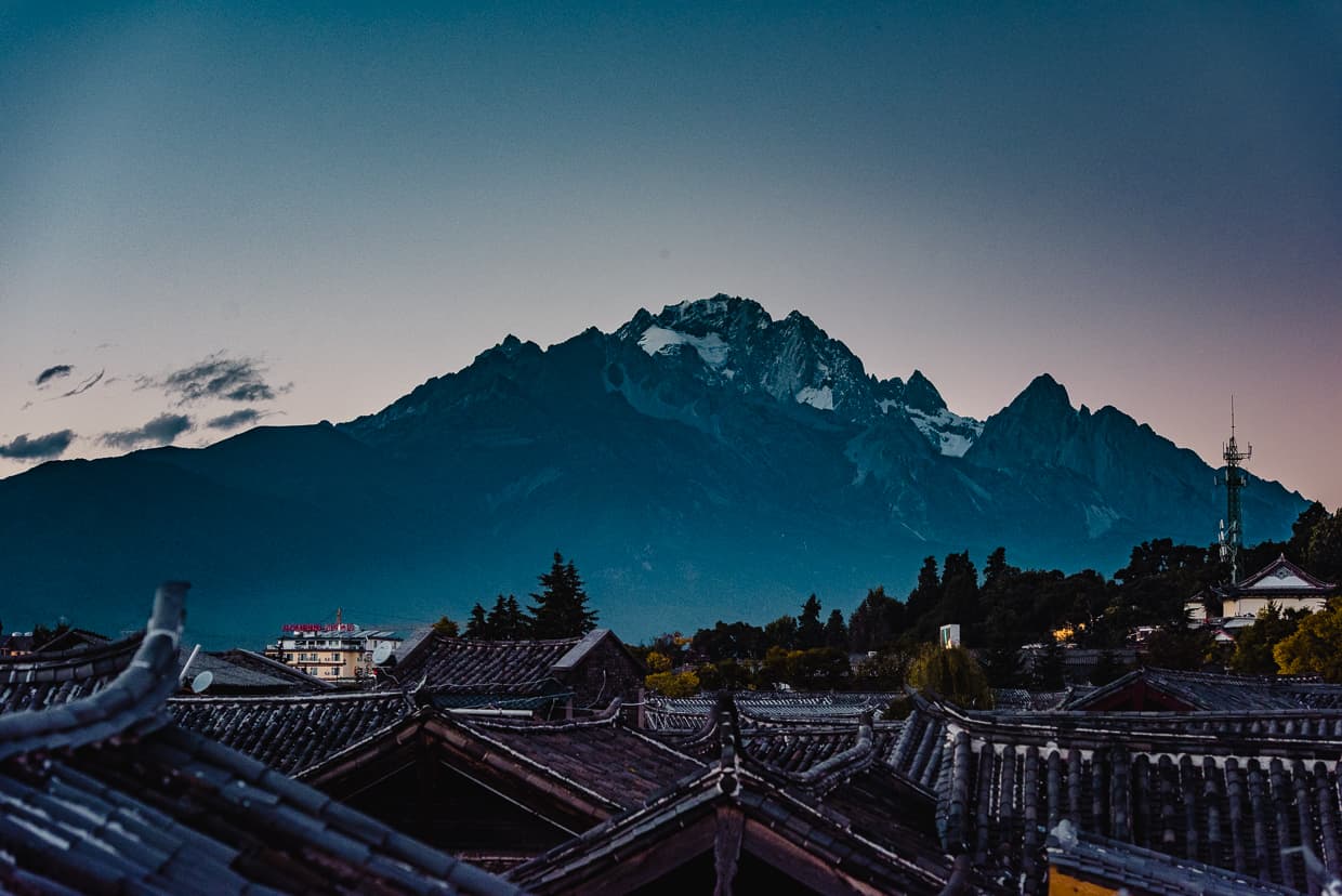 The Jade Dragon Snow Mountain from the roof of Harry's hotel in Lijiang.
