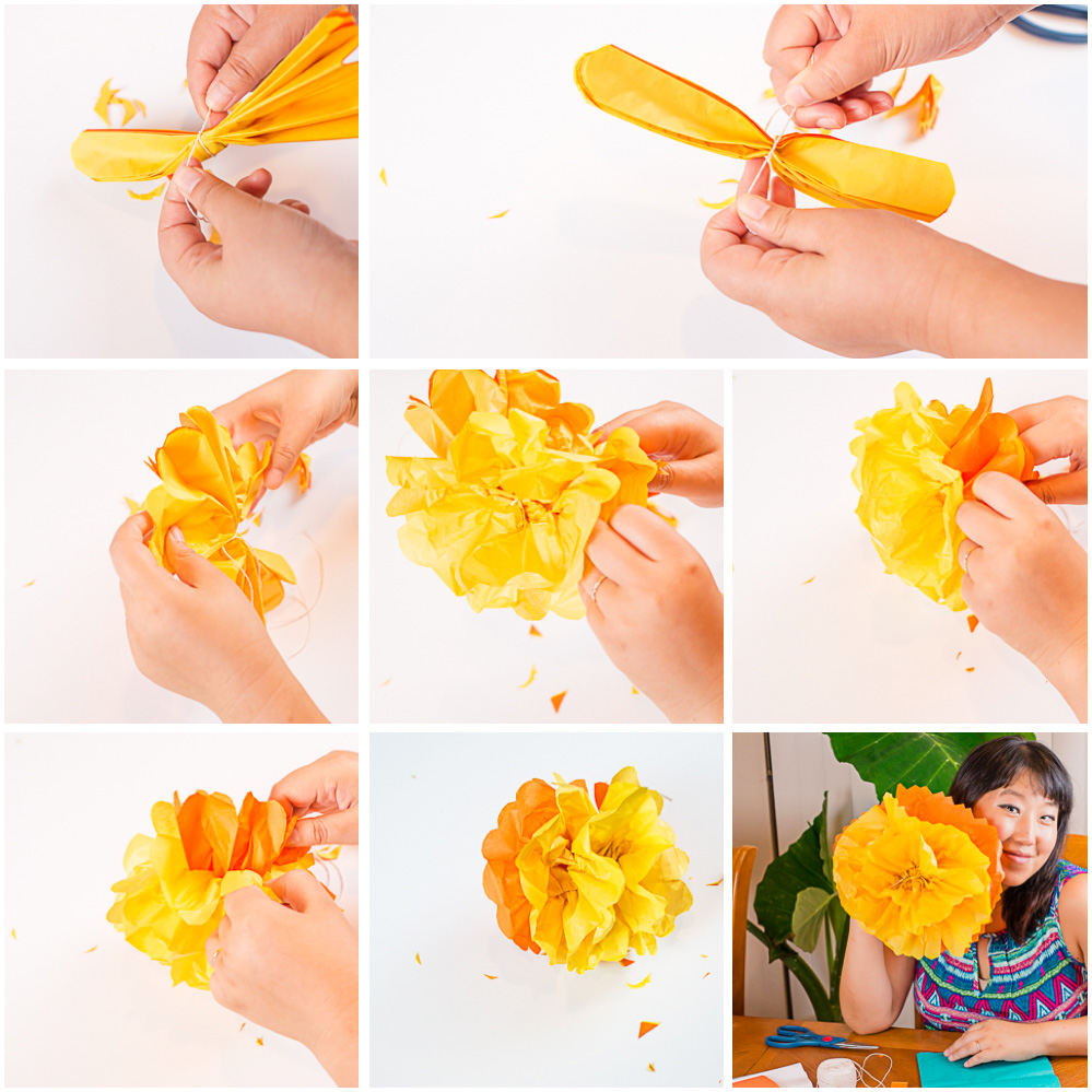 directions for unfolding a colorful tissue paper flower