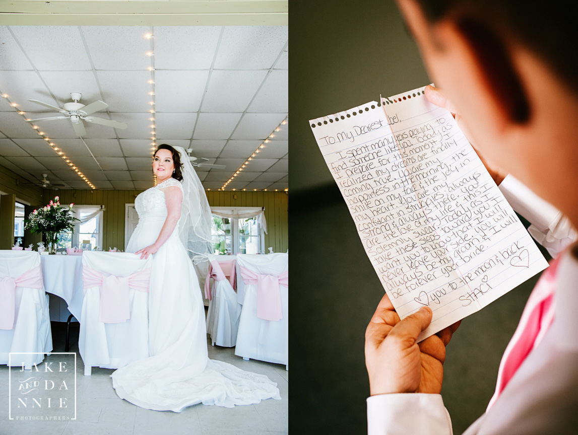 The groom reads a not written to him from his bride before their wedding (he cried).