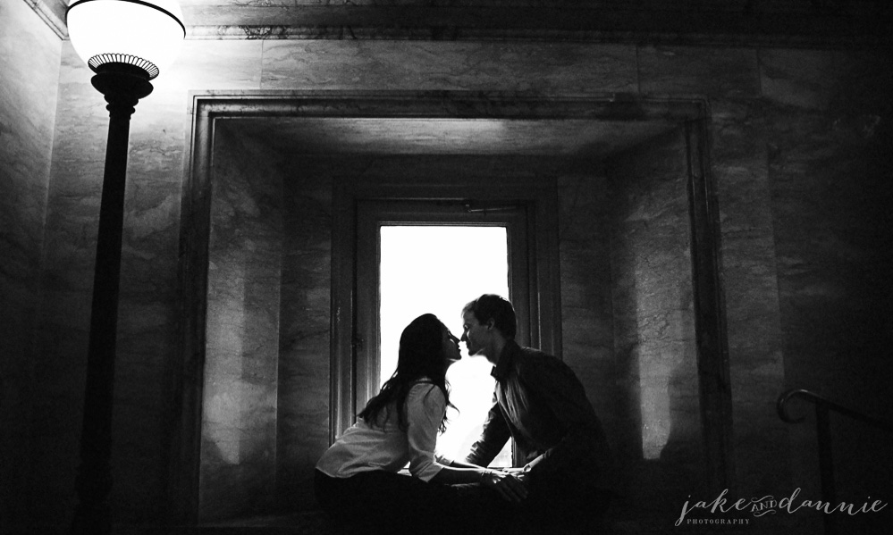 Silhouette of couple kissing during their engagement session in Boston