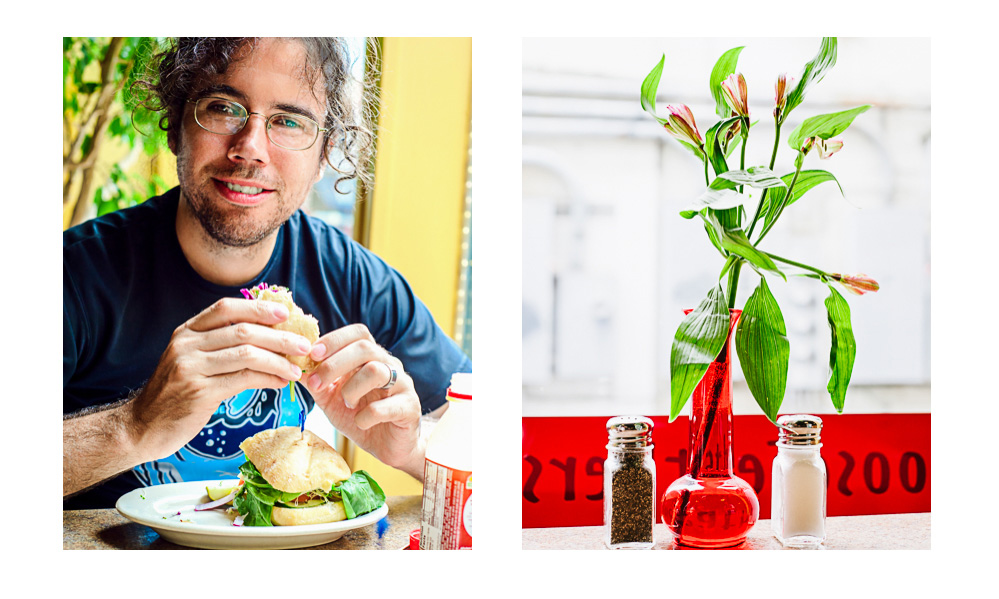 Jake eats a sandwich in Goose feathers in one photo, and a plant sits in a red vase by the window in another