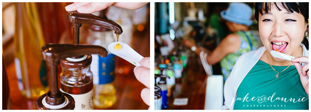 Dannie tries free samples of honey and poses for travel photos in savannah bee company