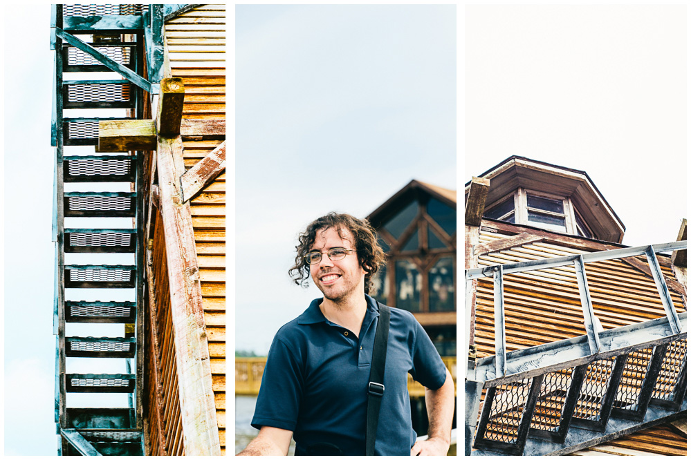 three photos. A stairway, jake explores cedar key, and a shot of the lighthouse from below