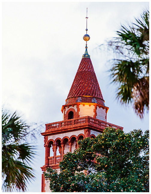 The bell tower at Flagler College poking up past the palm trees of St. Augustine, Florida