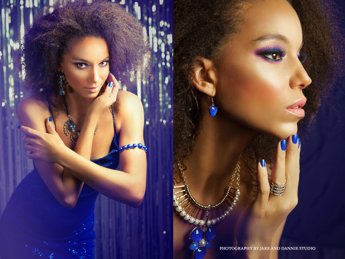 Glamour photos in a blue dress with blue makeup