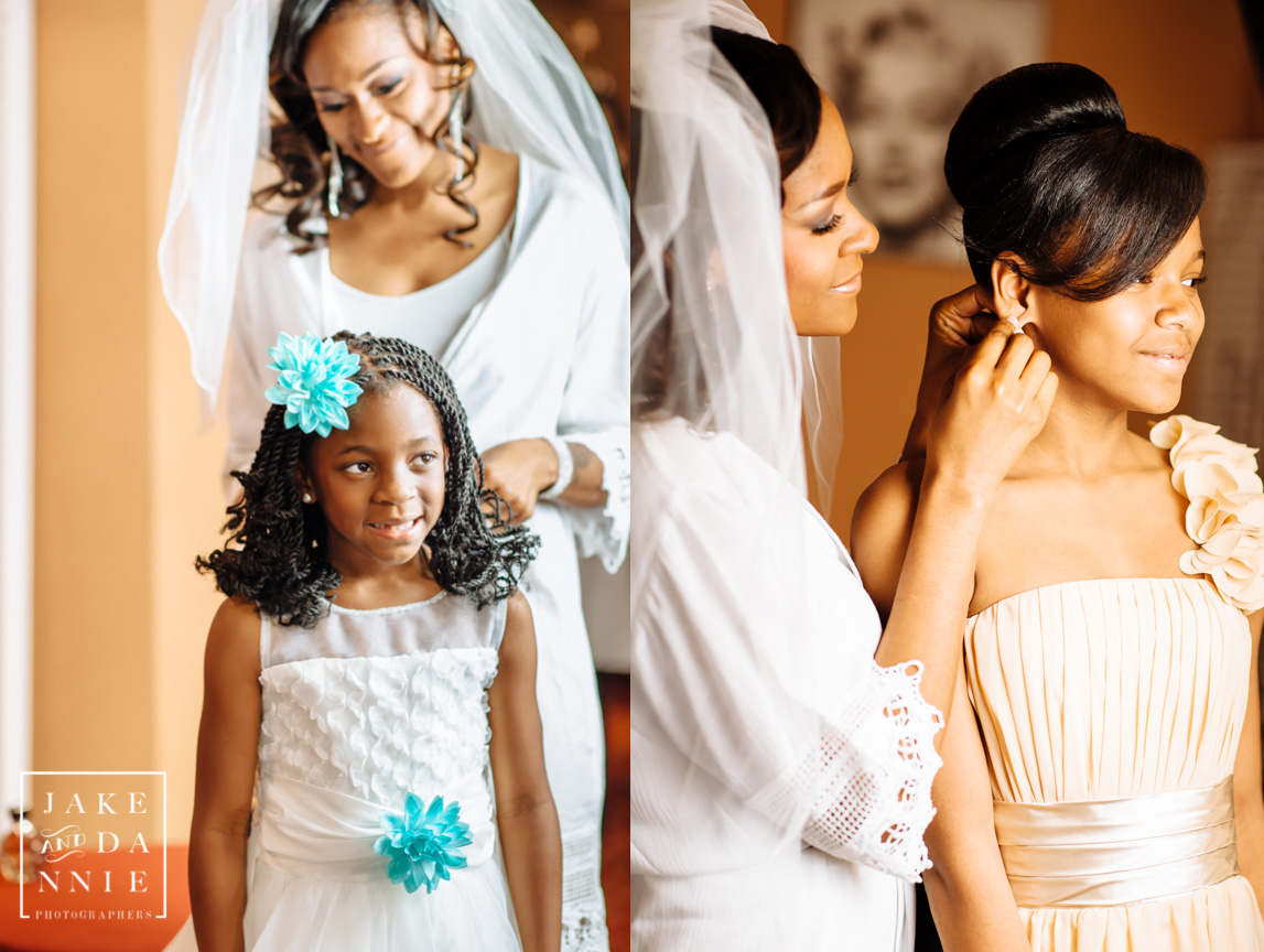 Bride helps her daughters get ready before the ceremony