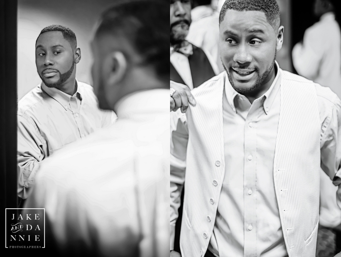 Black and white of the groom getting ready on his wedding day in Tampa, Florida