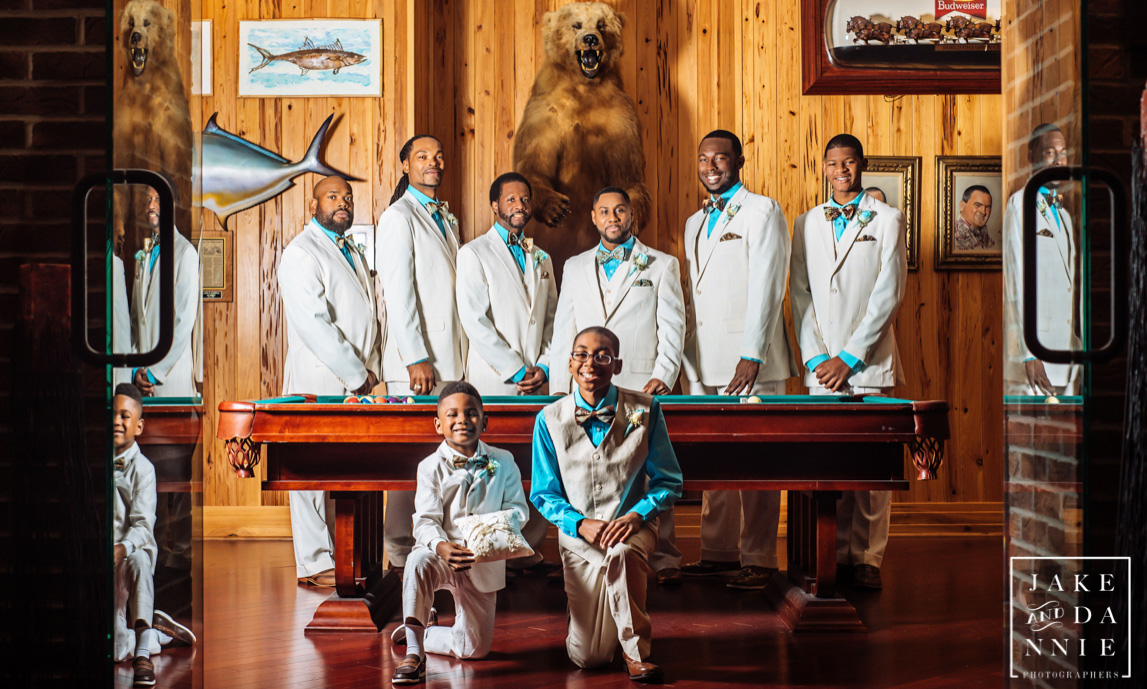 The groom and groomsmen  and a bear at the T Pepin Hospitality Center in Tampa, Florida