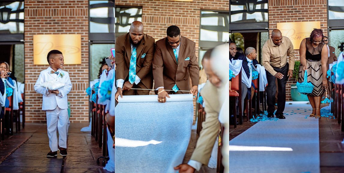The ring bearer approaches and the white carpet is laid down.