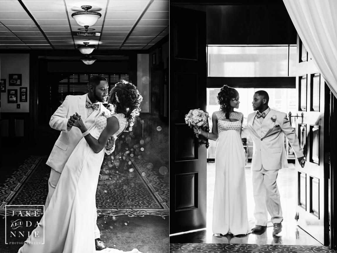 black and white portraits of the bride and groom celebrating together on their wedding day