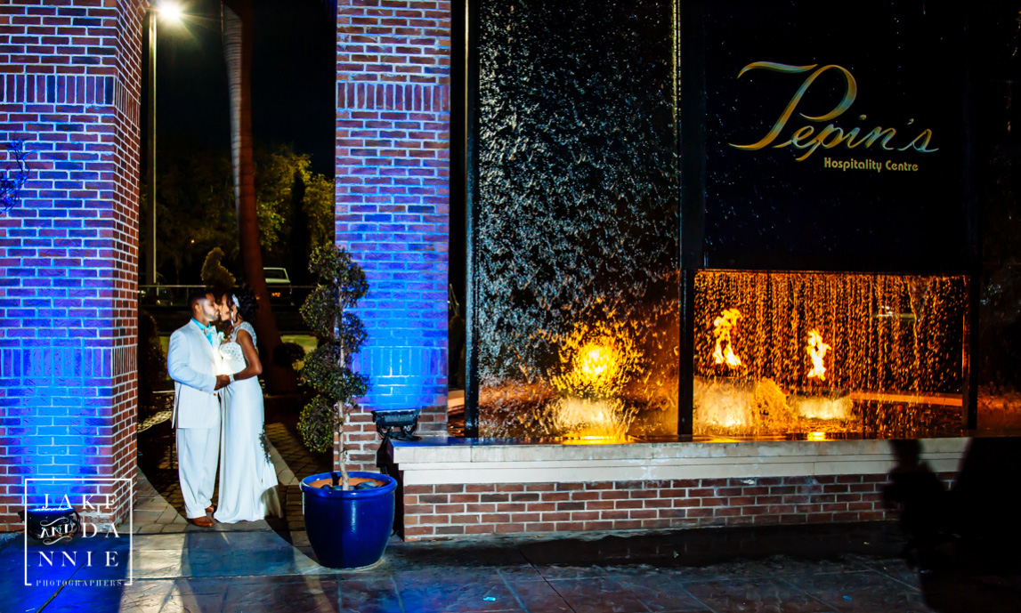 Fire and water surround the bride and groom at the T Pepin hospitality center in Tampa, Florida
