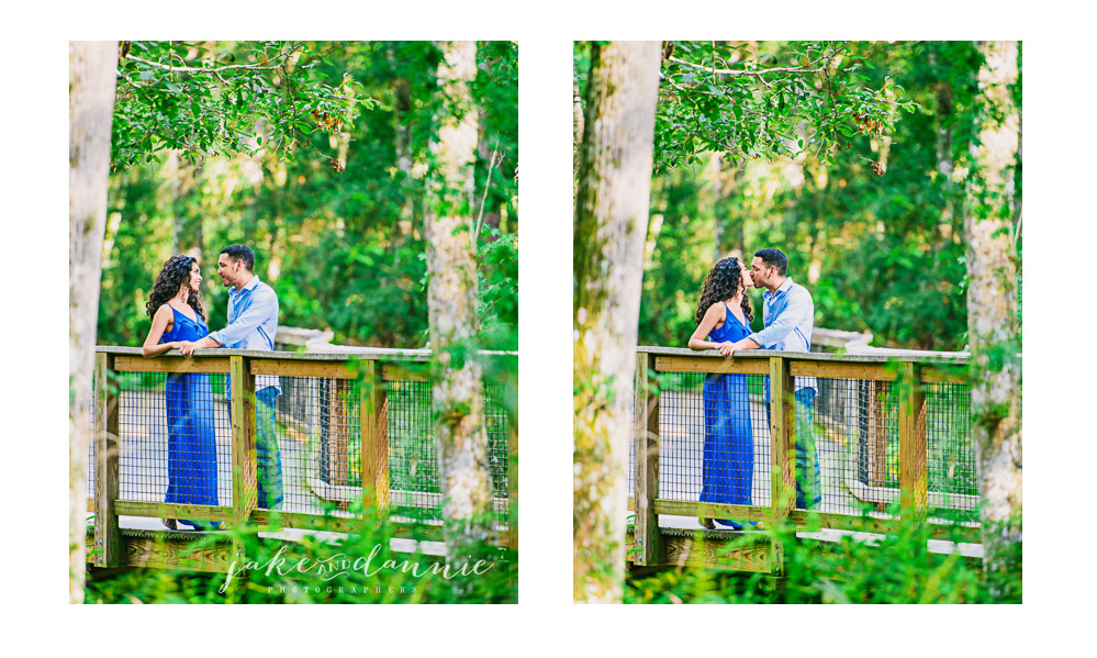 boardwalk kiss between engaged couple in florida park