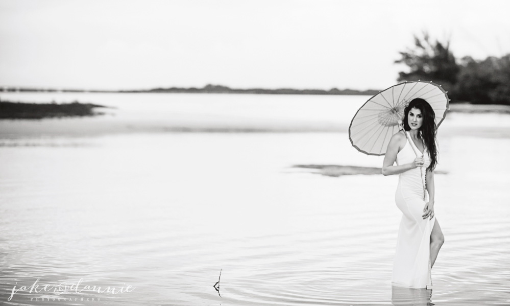black and white photo of model at the beach in Fort DeSoto Florida