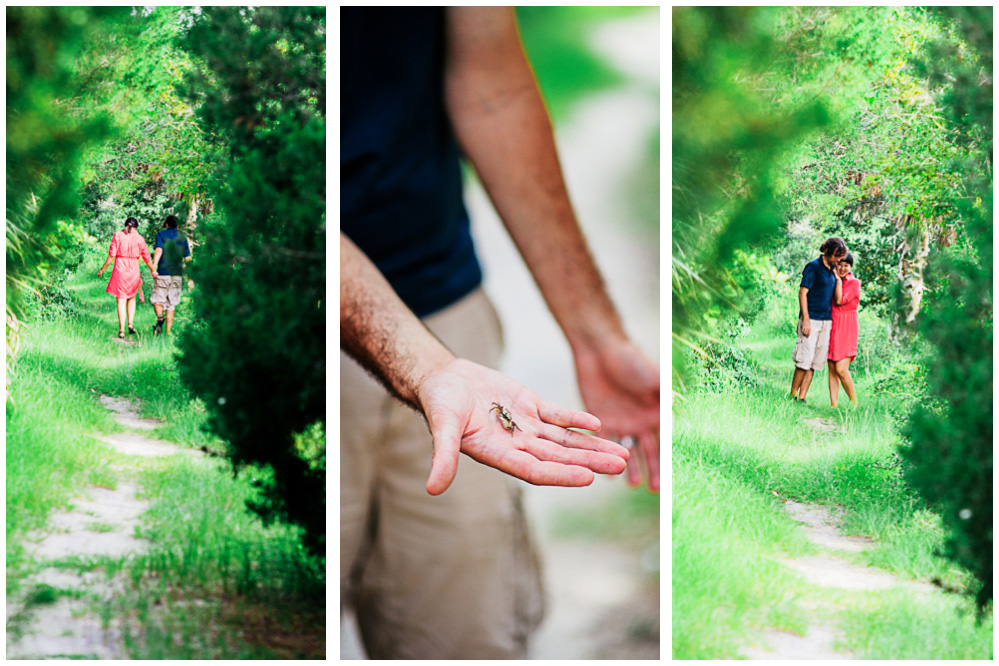 Two photos of us walking in the woods, and one of Jake holding a crab