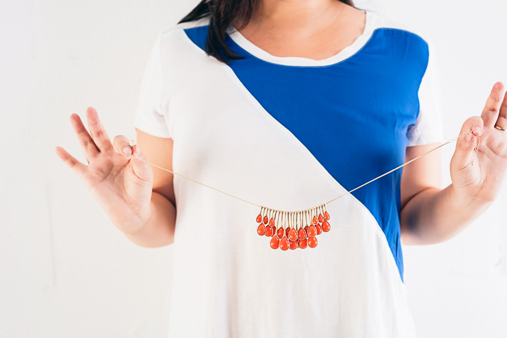 The Toni Colorblock Knit Shirt and the Rita Teardrop Bib Necklace