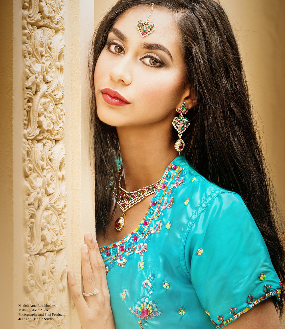 Glamour photography: woman in Indian style blue clothing and jewelry